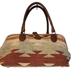 Carpet Bag Tapestry Satchel Small Duffle Southwest Pattern Wool Leather